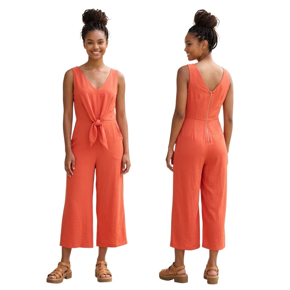 Bleecker 126 Womens Rust Orange Tie Front Wide Leg Jumpsuit SZ 14. Pockets NWT‎